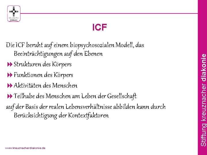 Die ICF beruht auf einem biopsychosozialen Modell, das Beeinträchtigungen auf den Ebenen 8 Strukturen