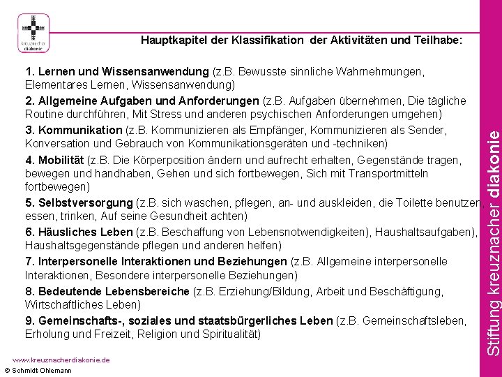 Hauptkapitel der Klassifikation der Aktivitäten und Teilhabe: www. kreuznacherdiakonie. de © Schmidt-Ohlemann Stiftung kreuznacher