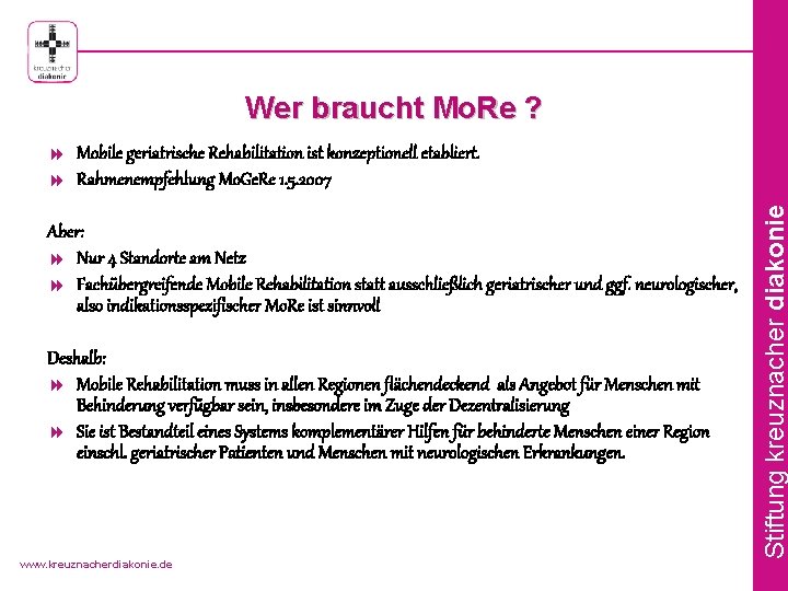 Wer braucht Mo. Re ? Aber: 8 Nur 4 Standorte am Netz 8 Fachübergreifende