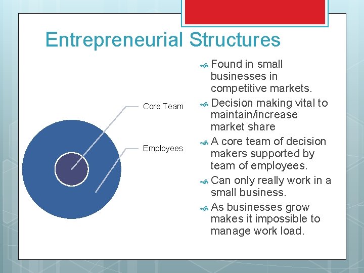 Entrepreneurial Structures Found Core Team Employees in small businesses in competitive markets. Decision making