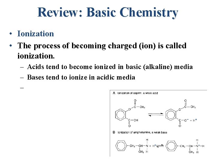 Review: Basic Chemistry • Ionization • The process of becoming charged (ion) is called