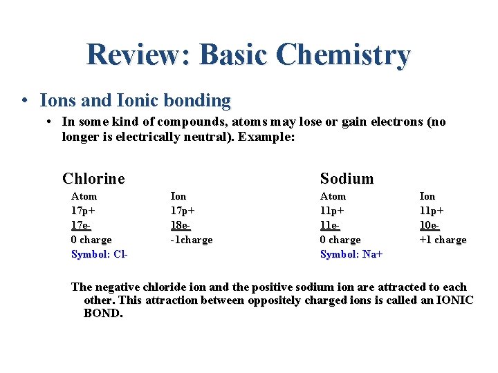 Review: Basic Chemistry • Ions and Ionic bonding • In some kind of compounds,
