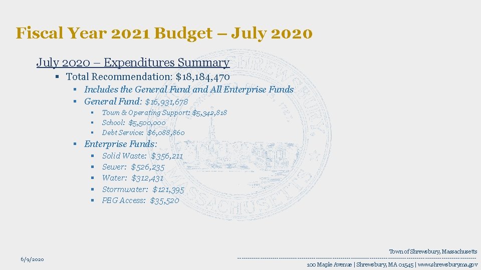 Fiscal Year 2021 Budget – July 2020 – Expenditures Summary § Total Recommendation: $18,