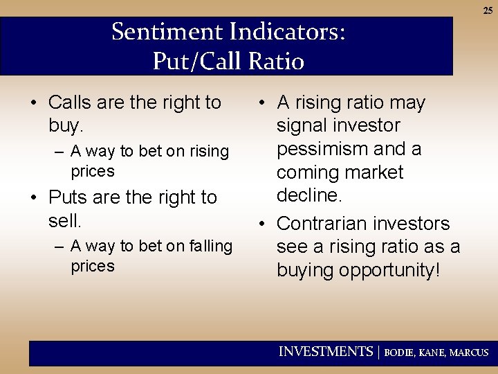 Sentiment Indicators: Put/Call Ratio • Calls are the right to buy. – A way