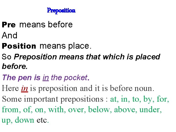 Preposition Pre means before And Position means place. So Preposition means that which is