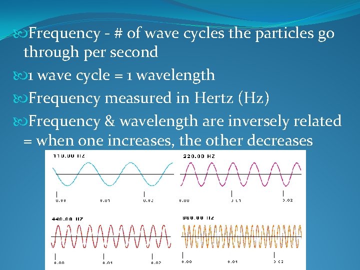  Frequency - # of wave cycles the particles go through per second 1