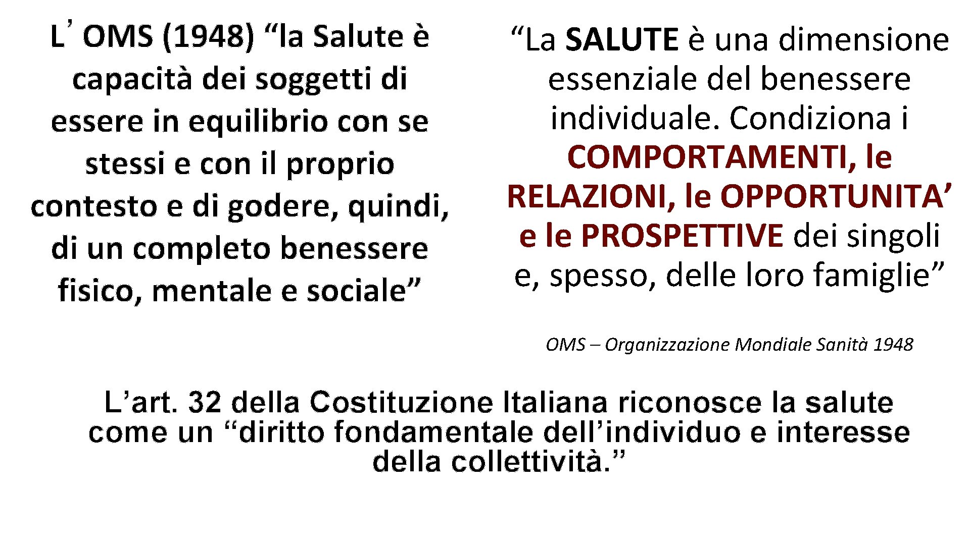 L’OMS (1948) “la Salute è capacità dei soggetti di essere in equilibrio con se