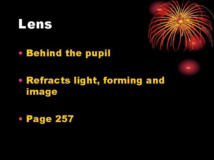 Lens • Behind the pupil • Refracts light, forming and image • Page 257