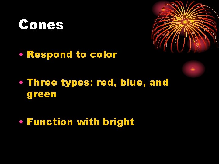 Cones • Respond to color • Three types: red, blue, and green • Function
