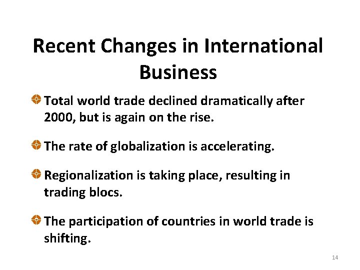 Recent Changes in International Business Total world trade declined dramatically after 2000, but is