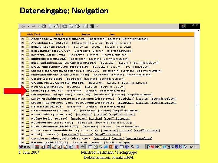 Dateneingabe: Navigation 6. Juni 2007 Manfred Hartmann / Fachgruppe Dokumentation, Frankfurt/M. 