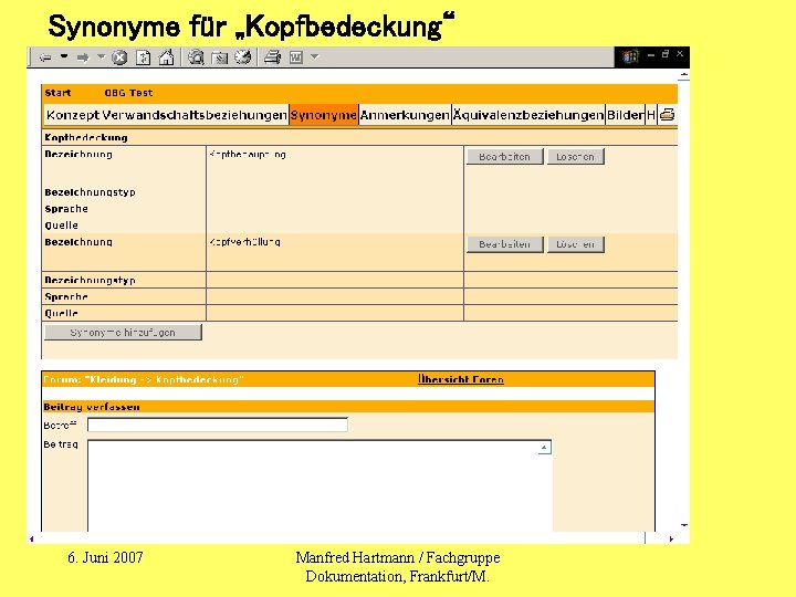 Synonyme für „Kopfbedeckung“ 6. Juni 2007 Manfred Hartmann / Fachgruppe Dokumentation, Frankfurt/M. 
