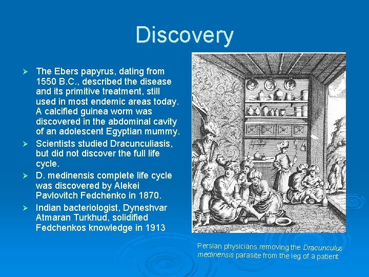 Discovery The Ebers papyrus, dating from 1550 B. C. , described the disease and