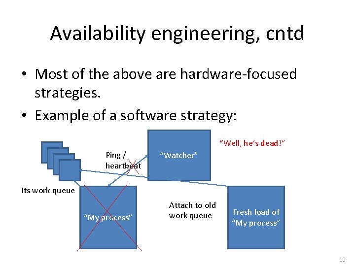 Availability engineering, cntd • Most of the above are hardware-focused strategies. • Example of
