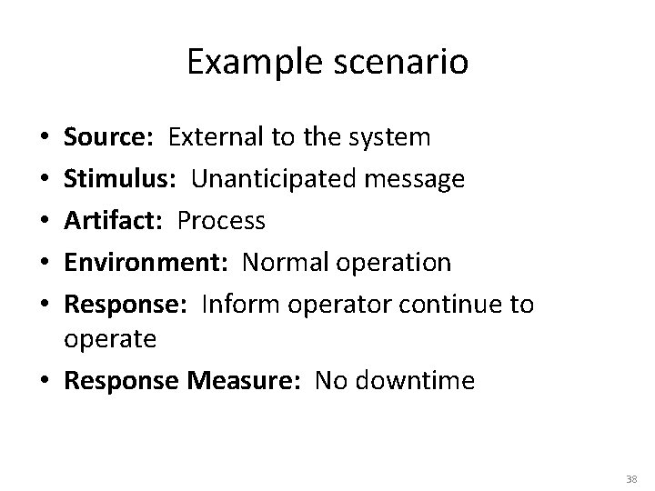 Example scenario Source: External to the system Stimulus: Unanticipated message Artifact: Process Environment: Normal