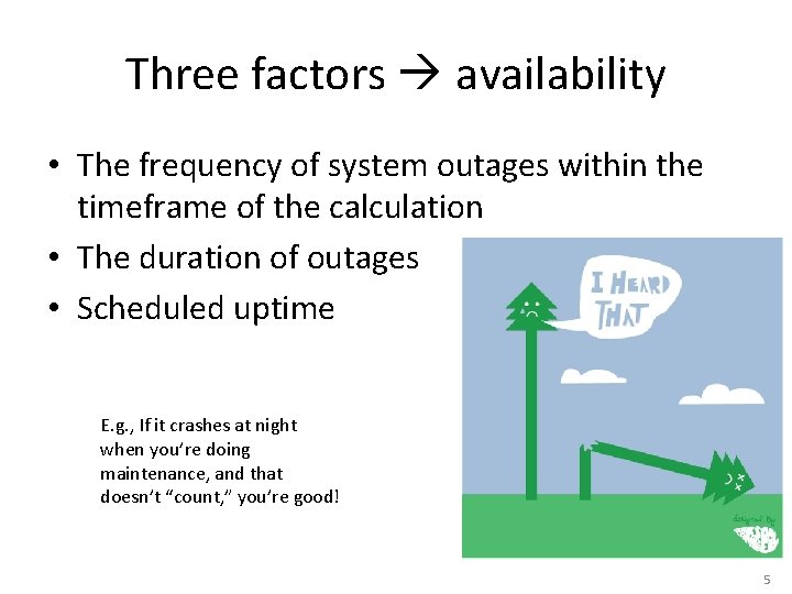 Three factors availability • The frequency of system outages within the timeframe of the