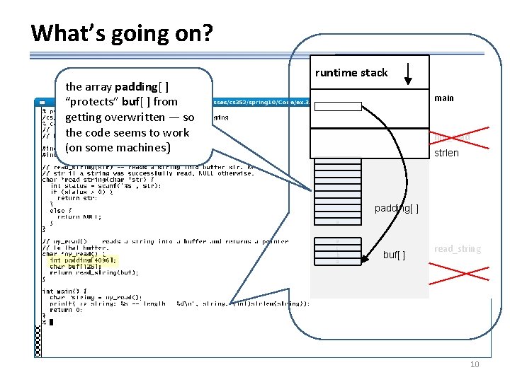 What’s going on? the array padding[ ] “protects” buf[ ] from getting overwritten —