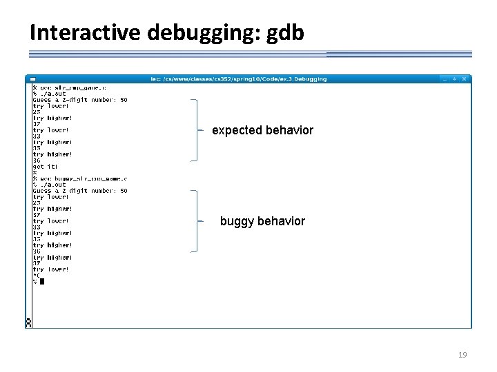 Interactive debugging: gdb expected behavior buggy behavior 19 