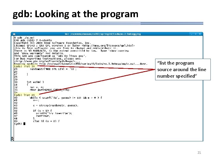 gdb: Looking at the program “list the program source around the line number specified”