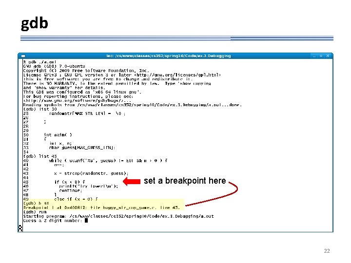 gdb set a breakpoint here 22 