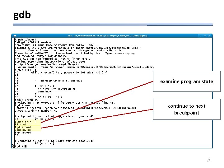 gdb examine program state continue to next breakpoint 24 