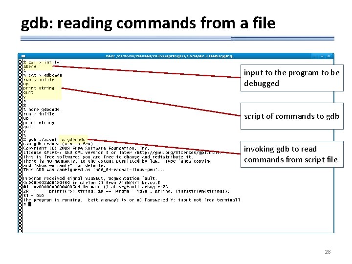 gdb: reading commands from a file input to the program to be debugged script