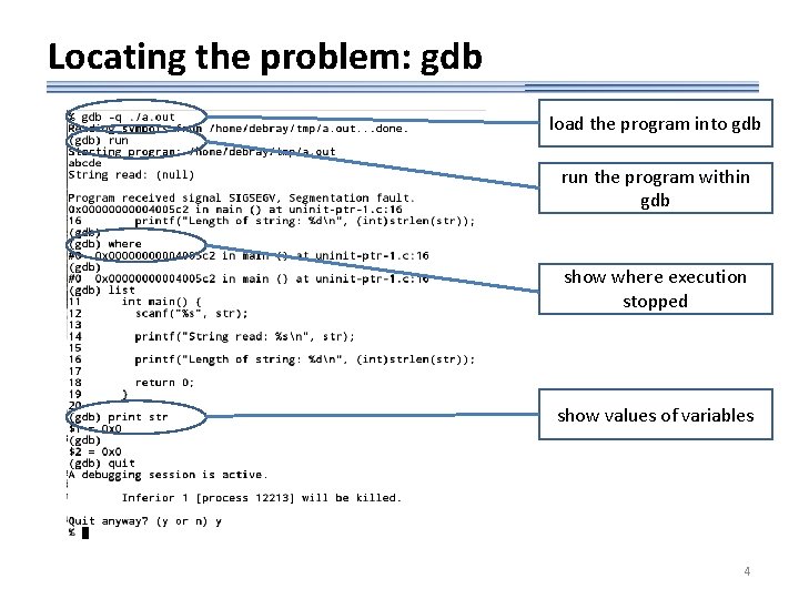 Locating the problem: gdb load the program into gdb run the program within gdb