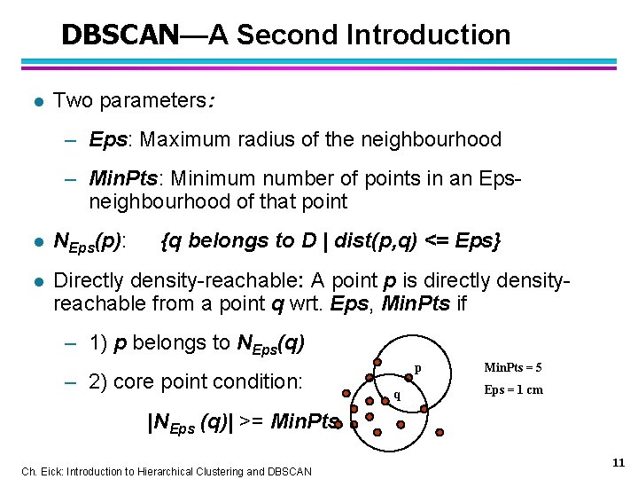 DBSCAN—A Second Introduction l Two parameters: – Eps: Maximum radius of the neighbourhood –