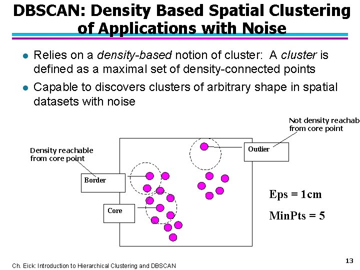 DBSCAN: Density Based Spatial Clustering of Applications with Noise l l Relies on a