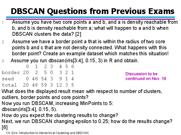 DBSCAN Questions from Previous Exams 1. Assume you have two core points a and
