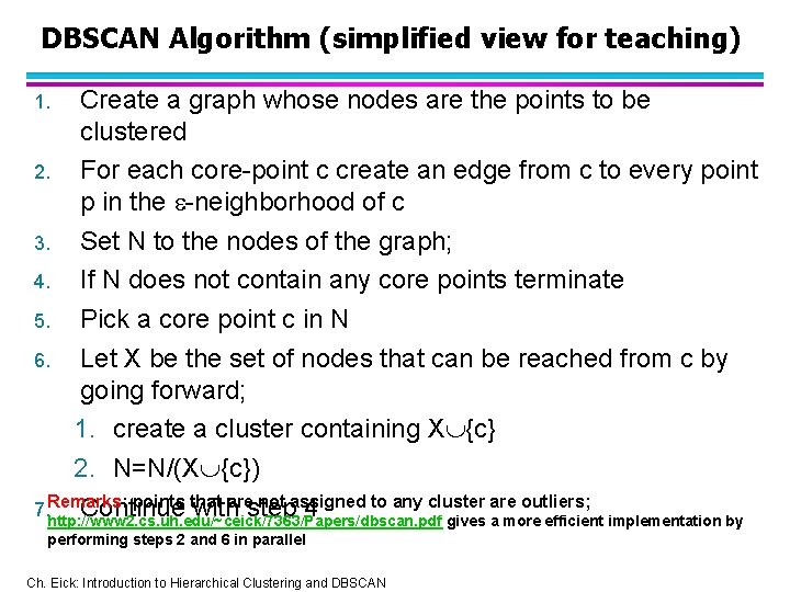 DBSCAN Algorithm (simplified view for teaching) Create a graph whose nodes are the points