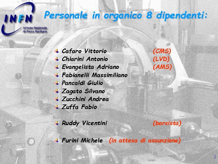 Personale in organico 8 dipendenti: Cafaro Vittorio Chiarini Antonio Evangelista Adriano Fabianelli Massimiliano Pancaldi