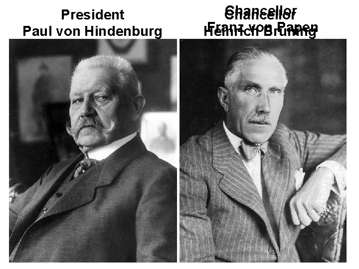 President Paul von Hindenburg Chancellor Franz von Papen Heinrich Bruning 