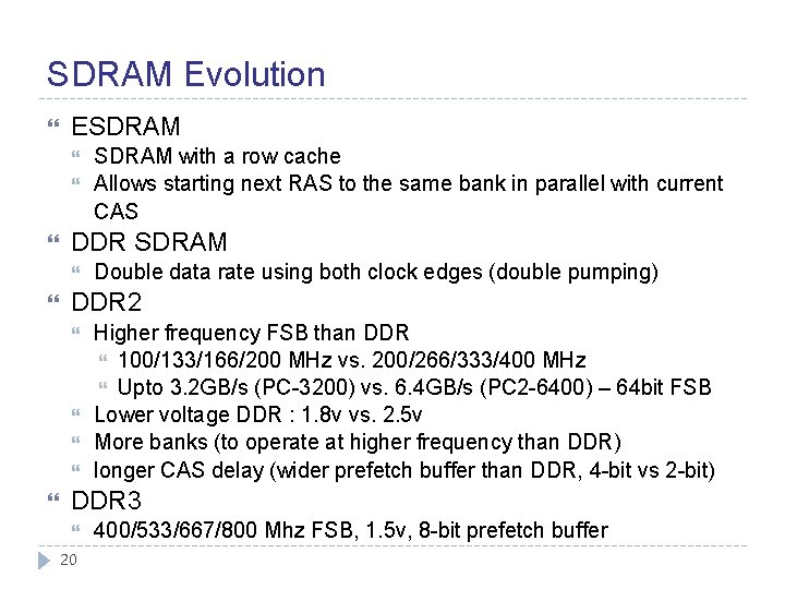 SDRAM Evolution ESDRAM DDR SDRAM Double data rate using both clock edges (double pumping)