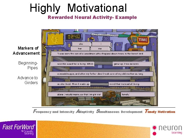 Highly Motivational Rewarded Neural Activity- Example Markers of Advancement Beginning. Pipes Advance to Girders