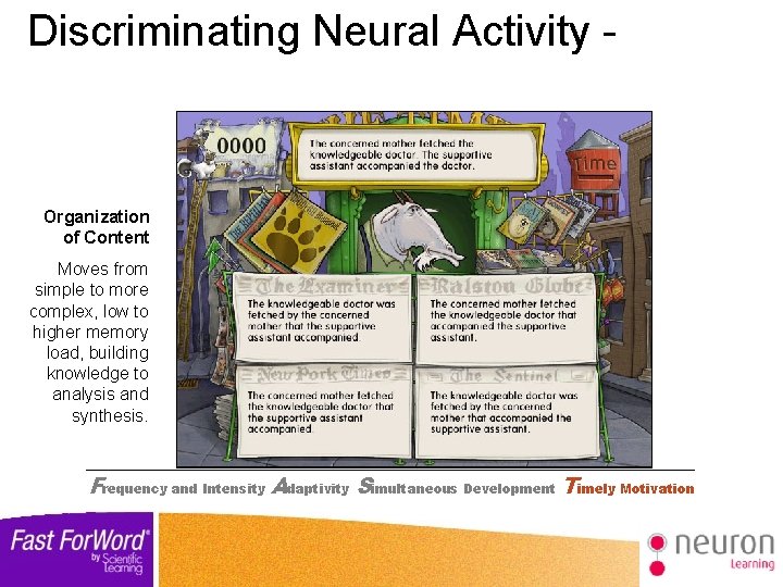 Discriminating Neural Activity - Organization of Content Moves from simple to more complex, low