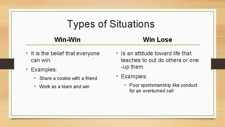 Types of Situations Win-Win • It is the belief that everyone can win. •