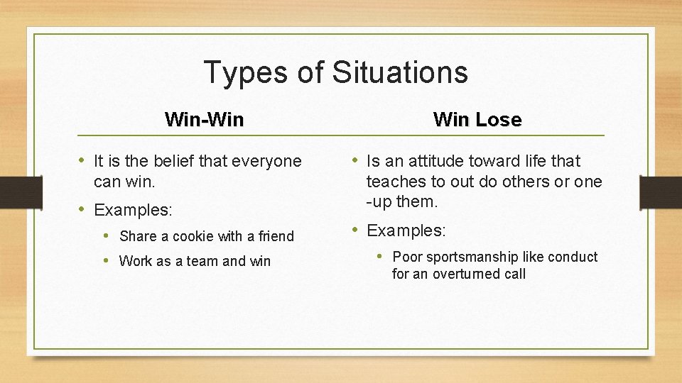 Types of Situations Win-Win • It is the belief that everyone can win. • Types of Situations Win-Win • It is the belief that everyone can win. •
