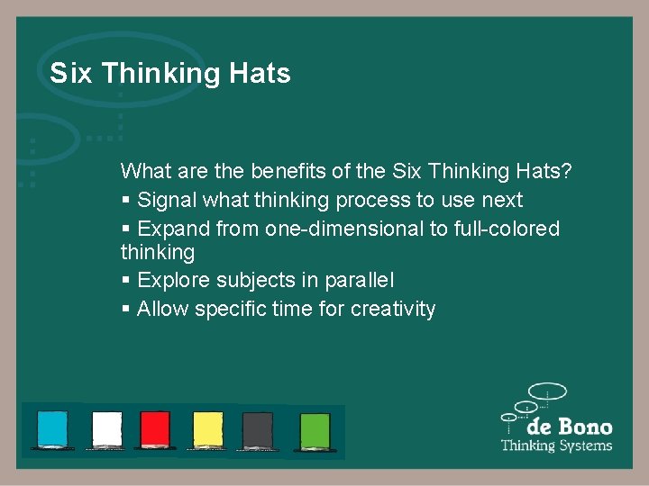 Six Thinking Hats What are the benefits of the Six Thinking Hats? § Signal