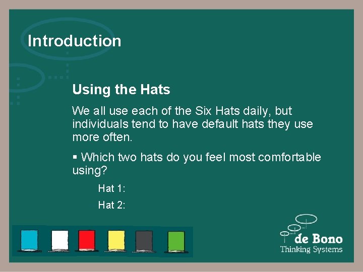 Introduction Using the Hats We all use each of the Six Hats daily, but