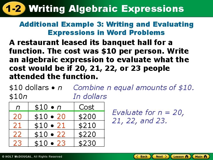 1 -2 Writing Algebraic Expressions Additional Example 3: Writing and Evaluating Expressions in Word