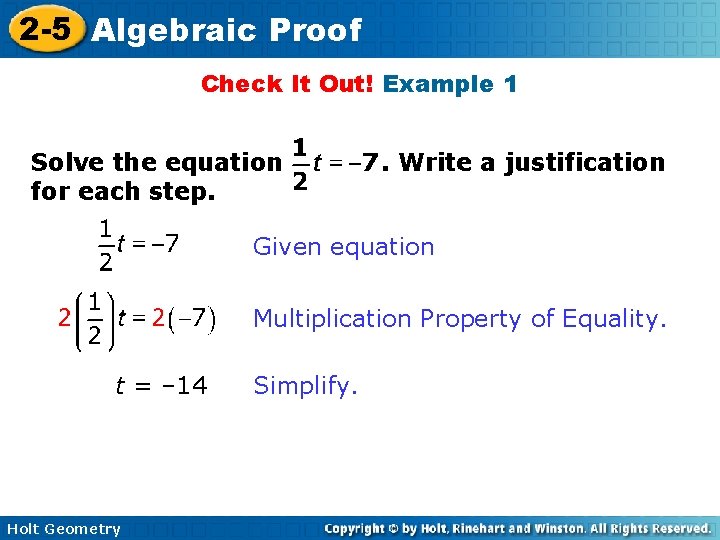 2 -5 Algebraic Proof Check It Out! Example 1 Solve the equation for each