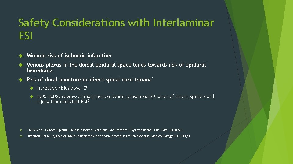 Safety Considerations with Interlaminar ESI Minimal risk of ischemic infarction Venous plexus in the