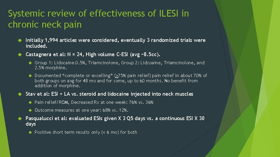 Systemic review of effectiveness of ILESI in chronic neck pain Initially 1, 994 articles