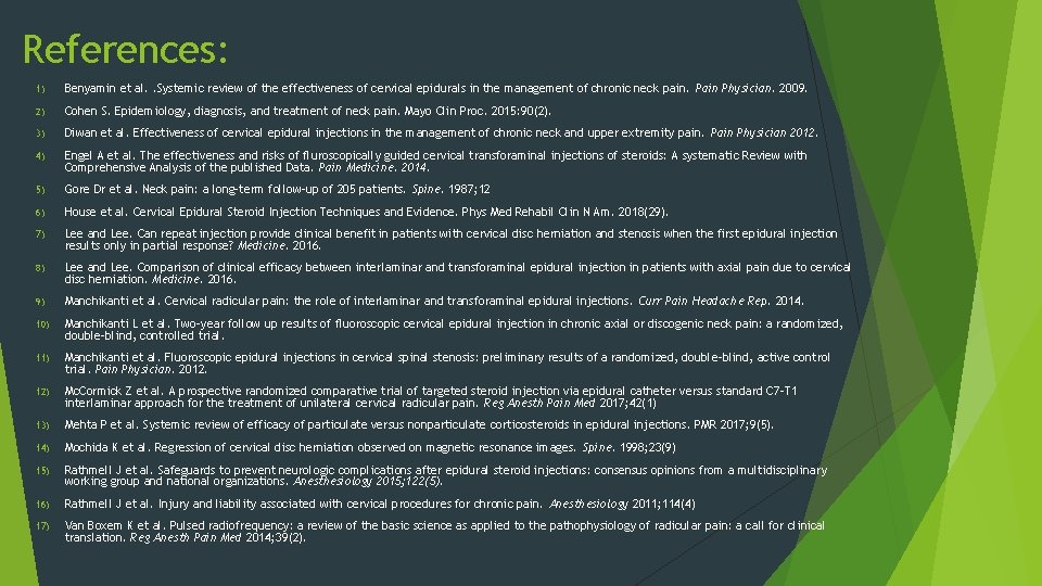 References: 1) Benyamin et al. . Systemic review of the effectiveness of cervical epidurals