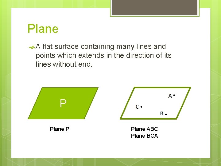 Plane A flat surface containing many lines and points which extends in the direction