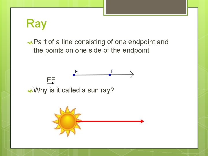 Ray Part of a line consisting of one endpoint and the points on one