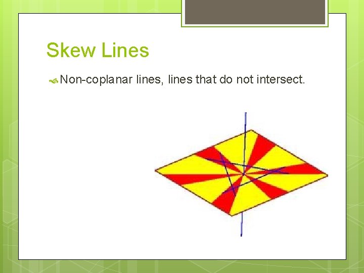 Skew Lines Non-coplanar lines, lines that do not intersect. 