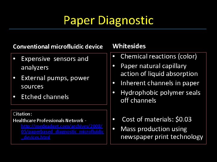 Paper Diagnostic Conventional microfluidic device • Expensive sensors and analyzers • External pumps, power