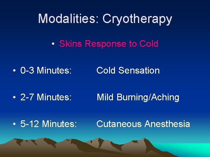 Modalities: Cryotherapy • Skins Response to Cold • 0 -3 Minutes: Cold Sensation •